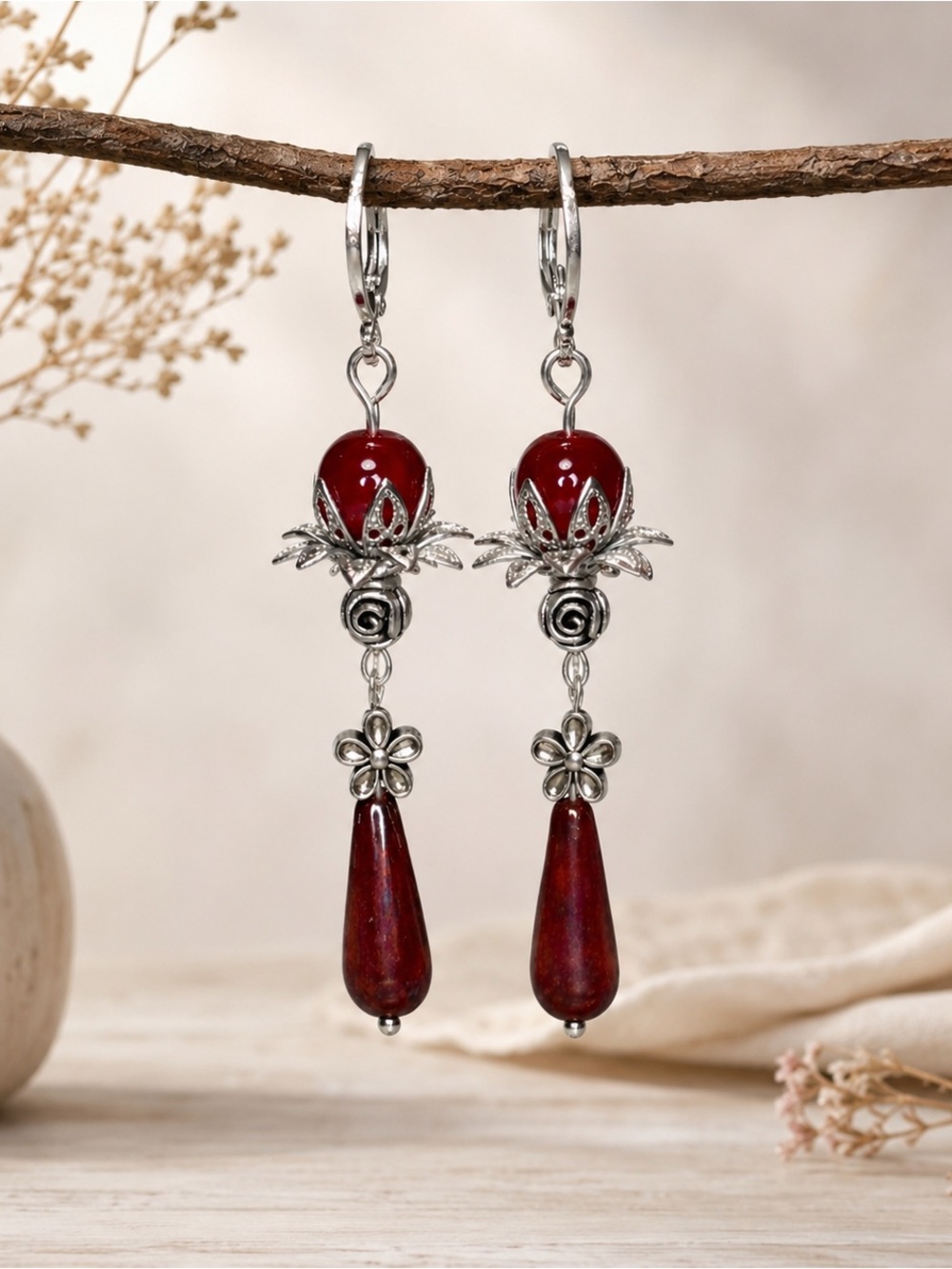 Mulberry Wine Elongated Teardrop Earrings – Silver Tone Lever Back